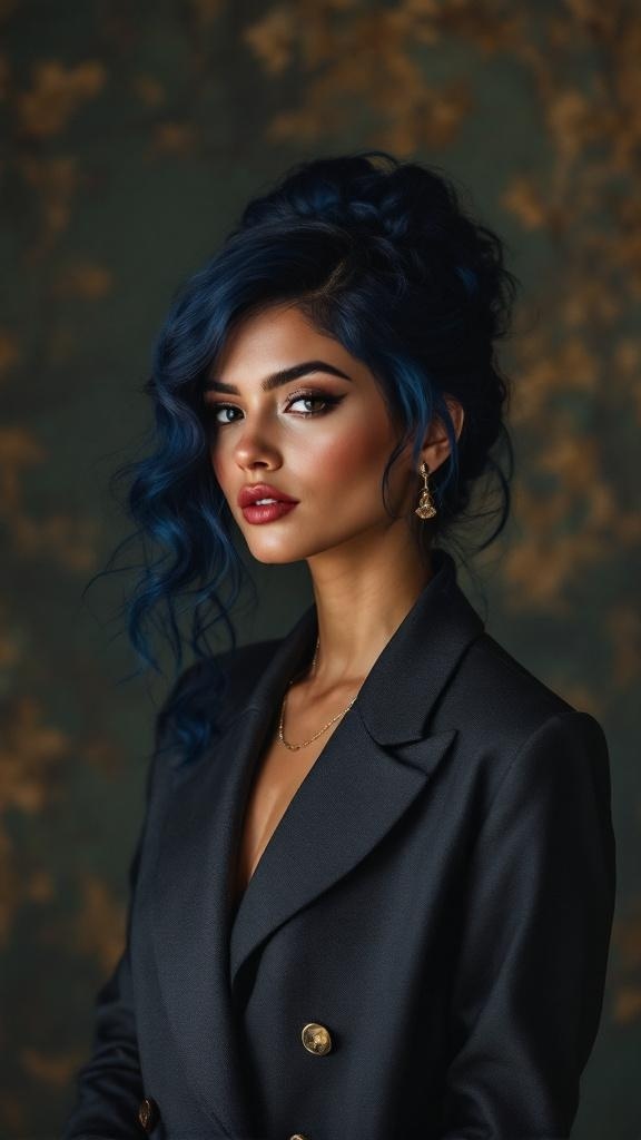 A woman with rich indigo hair styled in loose waves, wearing a dark blazer and earrings.