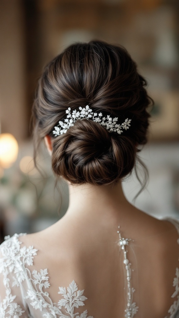 A rolled updo hairstyle adorned with a floral tiara and veil, showcasing elegant bridal style.