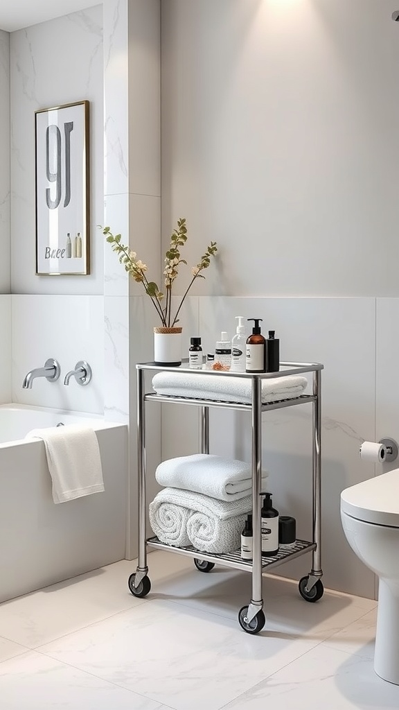 A stylish rolling cart in a modern bathroom holding towels and skincare products.