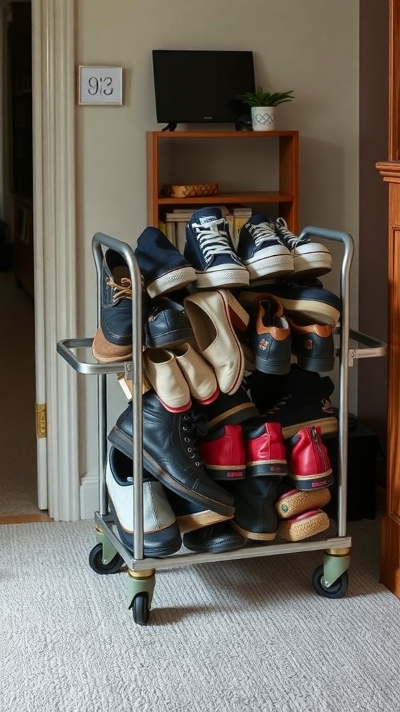 A rolling shoe cart filled with various shoes, showcasing a practical storage solution for small spaces.