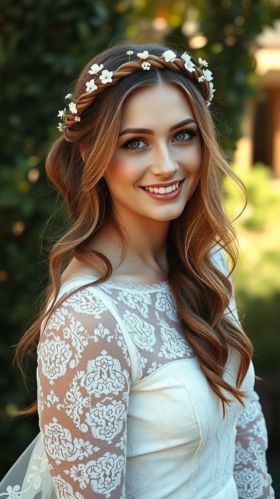 A bride with a romantic braided crown hairstyle, featuring small white flowers, smiling softly outdoors.