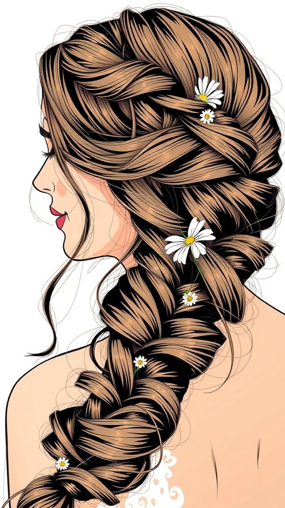 Illustration of a romantic fishtail braid adorned with daisies