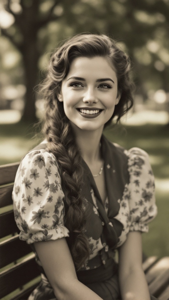 A woman sitting on a bench with a romantic fishtail side braid hairstyle, smiling.