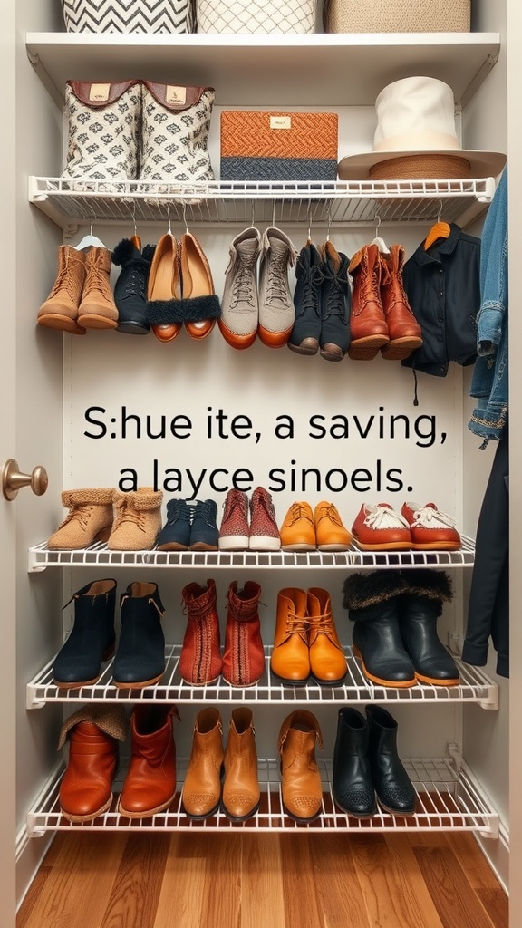 A well-organized closet displaying various seasonal footwear on shelves.