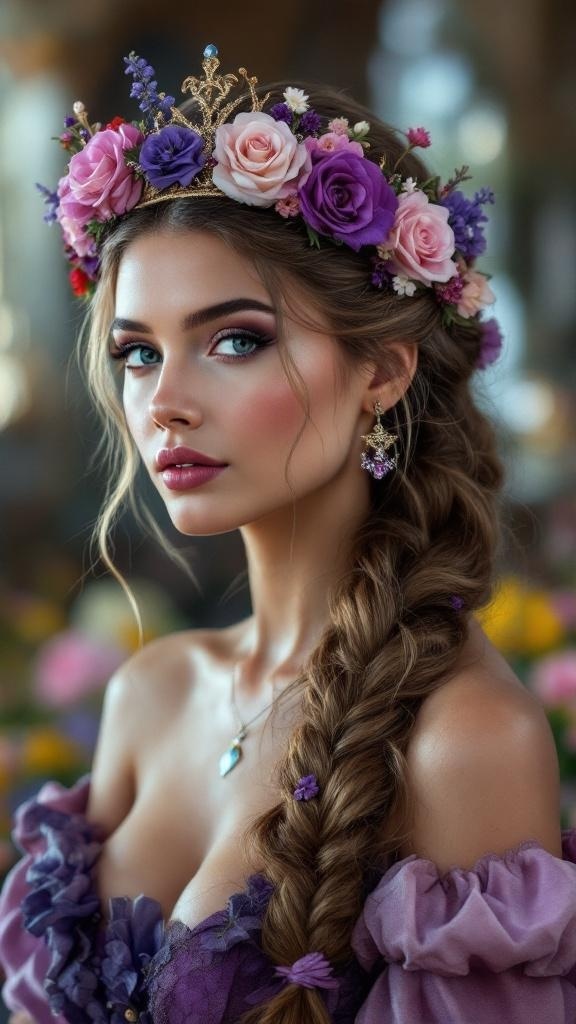 A woman with royal purple hair styled in a crown braid adorned with flowers.