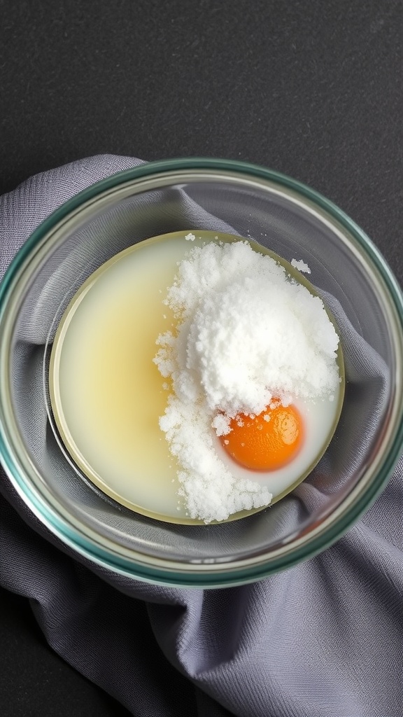 A bowl containing vinegar, salt, and an egg yolk on a dark surface.
