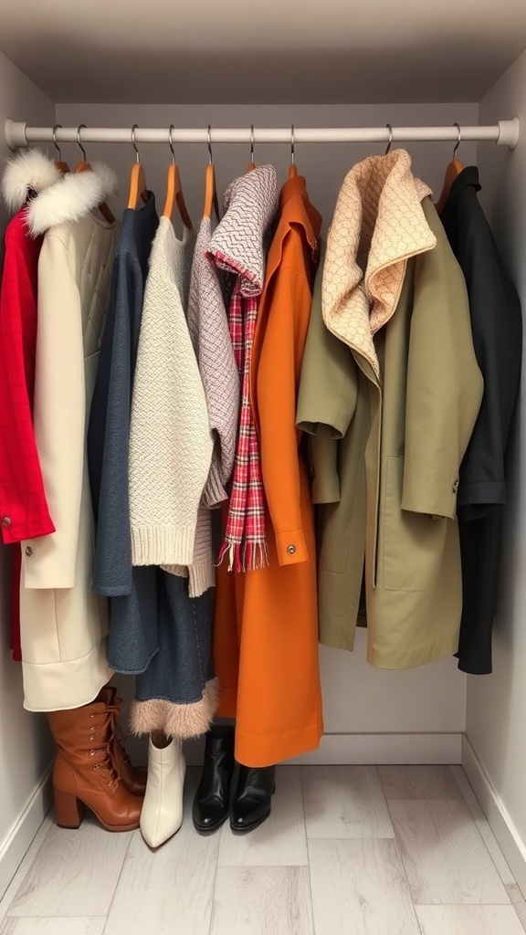 A neatly organized closet with seasonal clothing hanging on a rod.