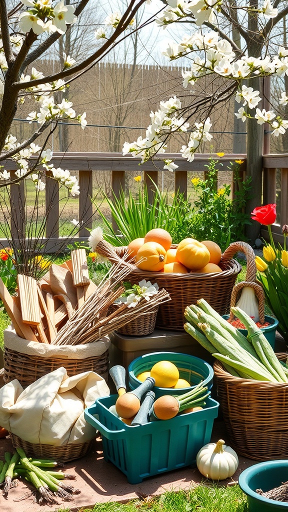 Baskets filled with fruits, vegetables, and gardening tools in a sunny outdoor setting.