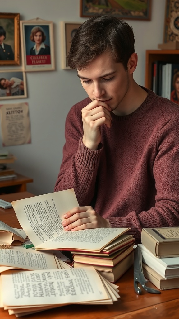 A young man thoughtfully sorting through books and papers on a wooden table, surrounded by framed pictures.