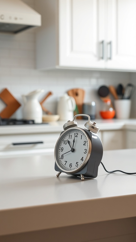 A vintage alarm clock on a kitchen counter.