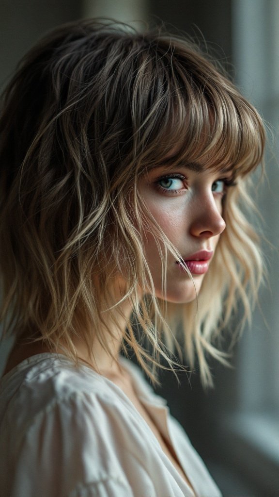 A woman with a shaggy haircut and curtain bangs, showcasing a textured hairstyle.