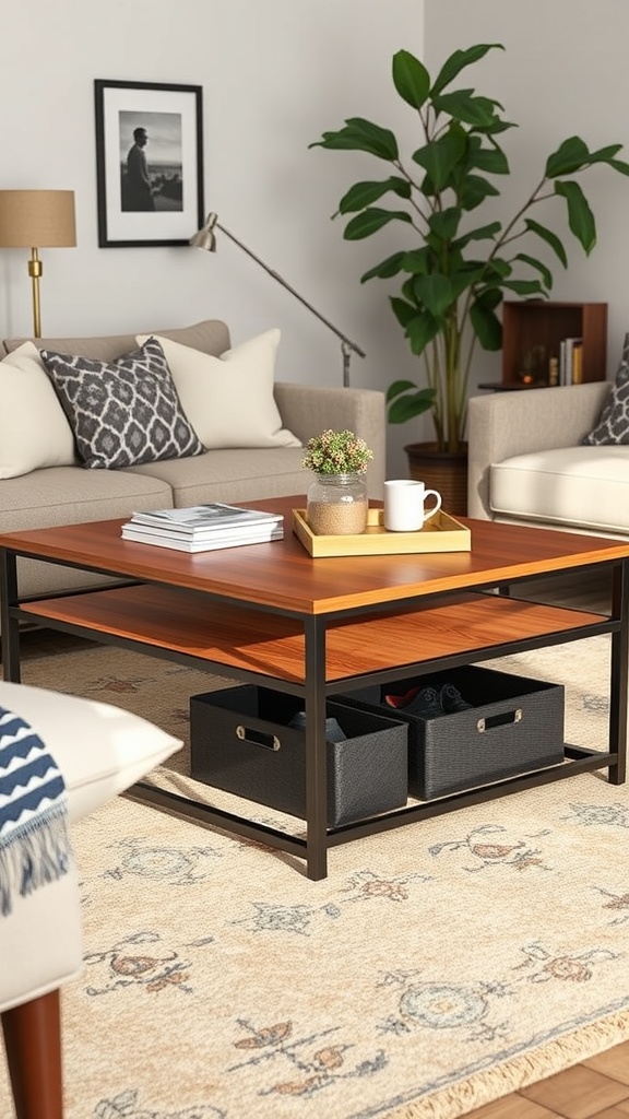 A stylish coffee table with shoe bins underneath, showcasing a cozy living room setup.