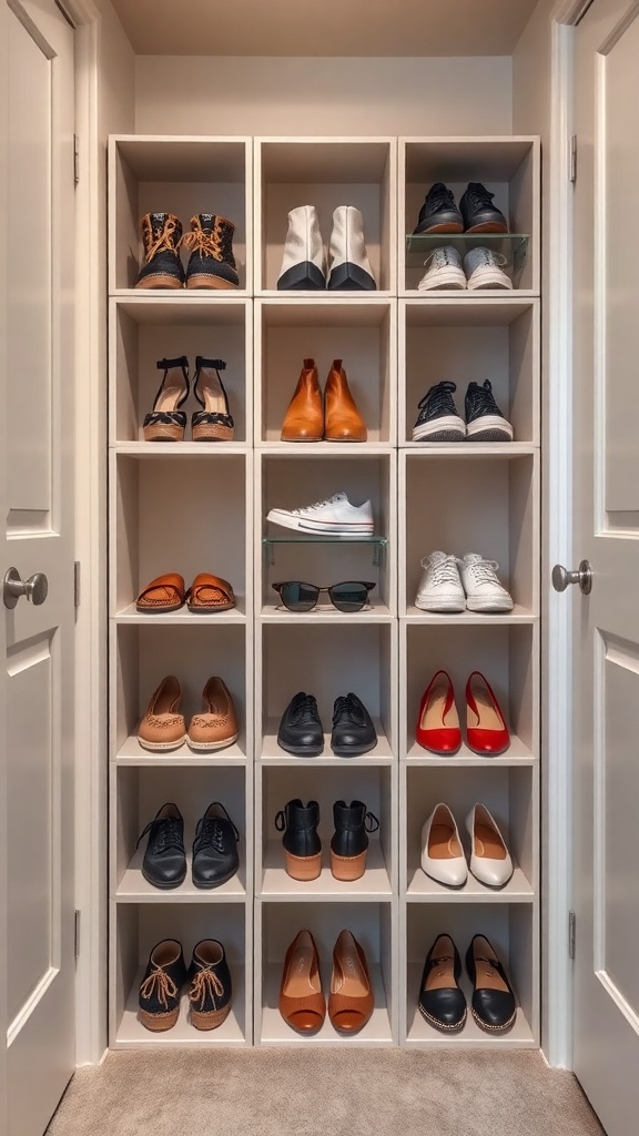 A modular shoe storage unit displaying various types of shoes in a compact space.