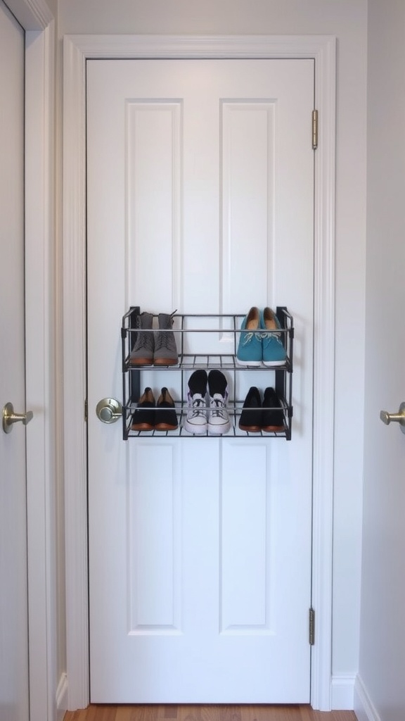 Shoe rack mounted on a closet door with various shoes displayed.