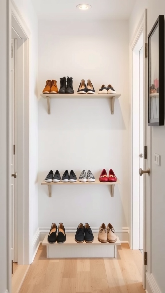 Shoe shelves mounted above baseboards displaying various pairs of shoes.