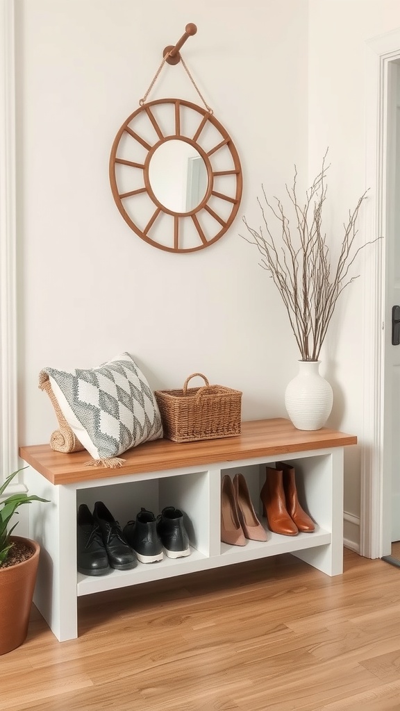 A stylish shoe storage bench in an entryway with shoes, a pillow, and a decorative basket.