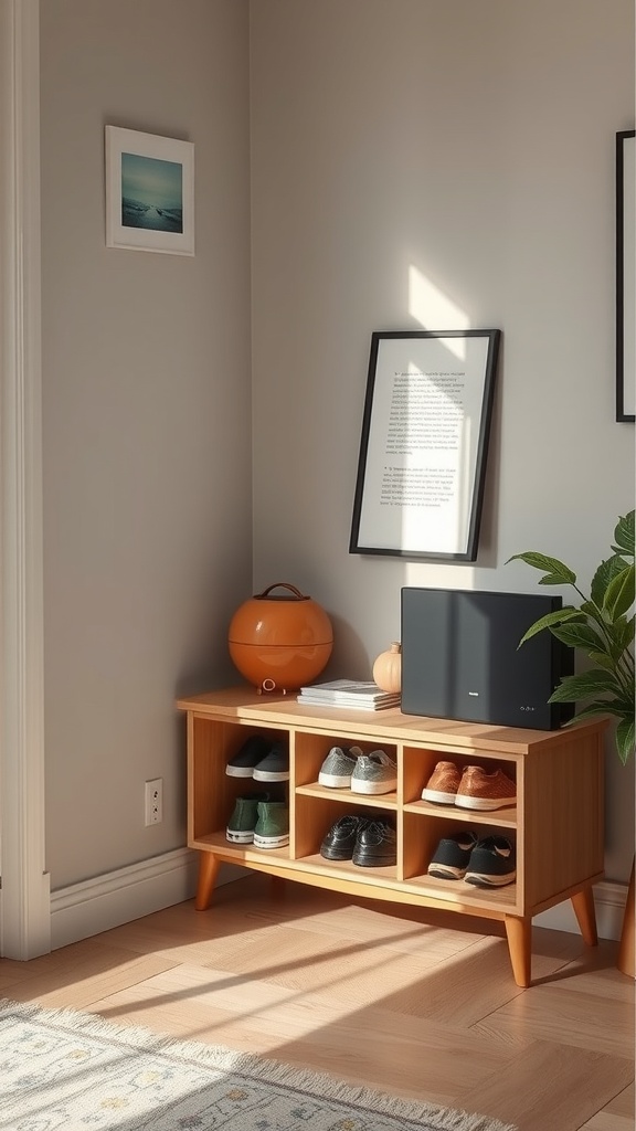 A cozy corner featuring a wooden shoe storage unit with various shoes displayed, accompanied by decorative items.