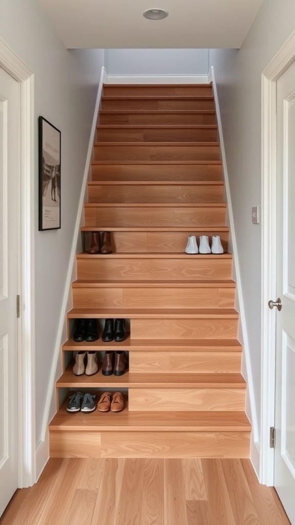 Stairs with built-in shoe storage showcasing various pairs of shoes.