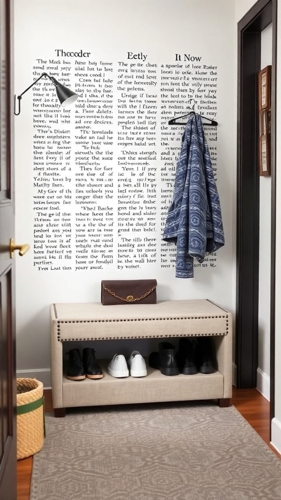 A shoe storage ottoman with various shoes stored underneath, placed in a cozy entryway.