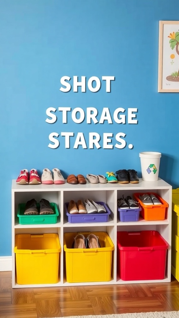 Colorful shoe storage unit with various shoes and bins