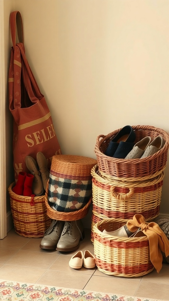 A collection of decorative baskets used for shoe storage, featuring various styles and colors.