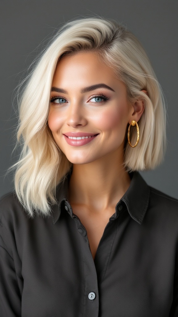 A woman with a short blonde bob hairstyle and a deep side part, wearing hoop earrings and a dark shirt, smiling.