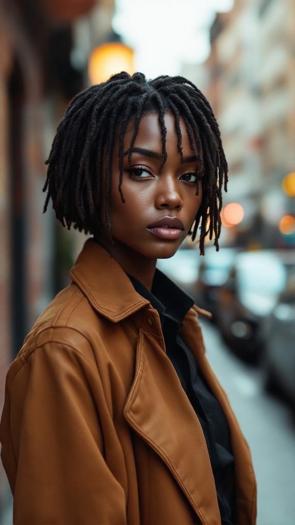 A person with short faux locs bob hairstyle, wearing a brown coat, standing on a city street.