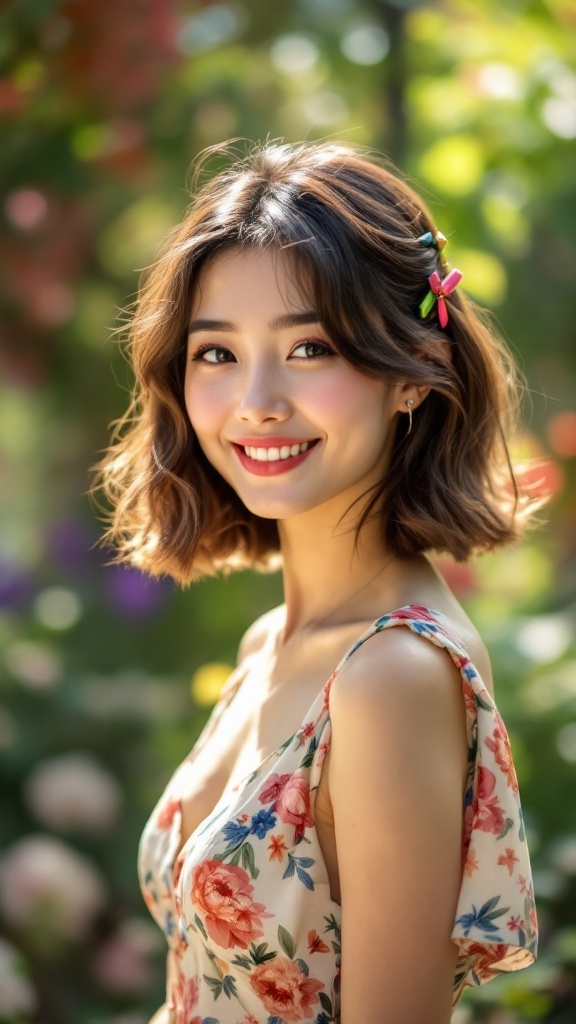 A woman with short wavy hair styled with colorful hair clips, smiling in a floral dress.