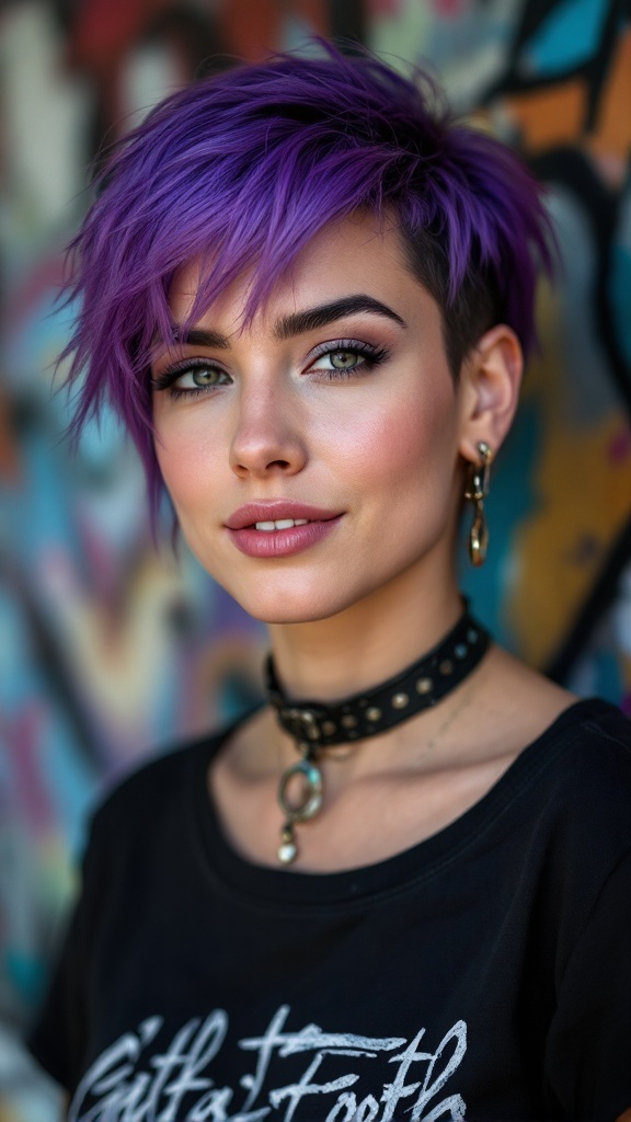A young person with a punk-inspired short haircut, featuring purple hair and wearing a black choker.