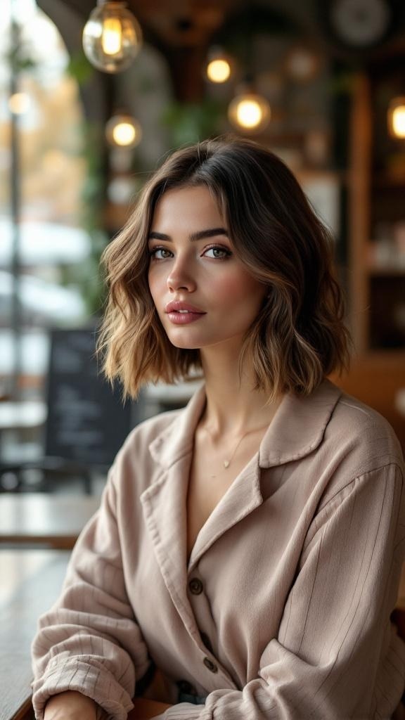 A woman with shoulder-length shag haircut and soft waves, wearing a beige shirt, sitting in a cozy cafe.