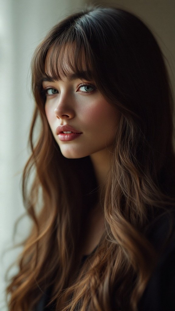 A woman with long, thick hair and side-swept bangs, looking stylish.