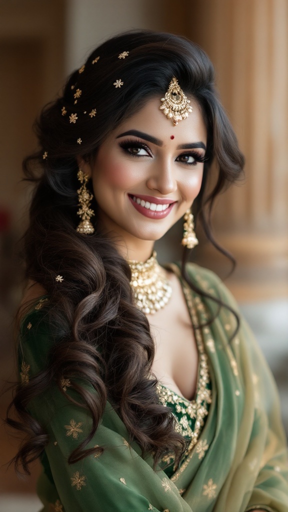 A bride with side-swept curls and elegant hair accessories, showcasing a beautiful bridal look.