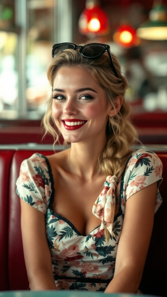 A woman with a playful side-swept ponytail adorned with a floral scarf, smiling warmly.