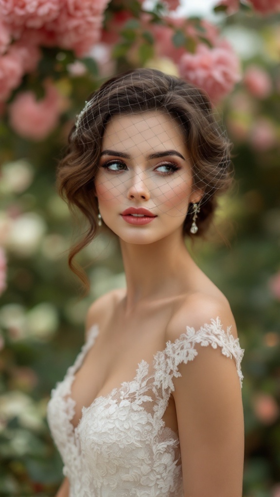A bride with side-swept waves and a birdcage veil, surrounded by pink roses.