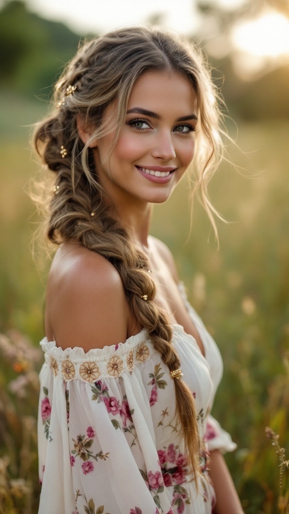 Woman with a side braid and gold accessories, smiling in a field