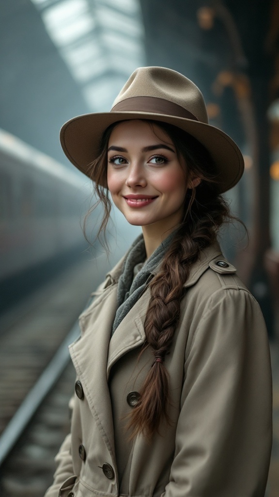 A woman with a side braid wearing a hat, smiling at a train station.