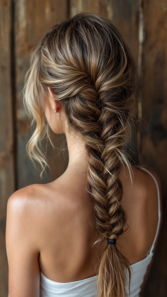 A side fishtail braid hairstyle, showcasing a casual and boho vibe.