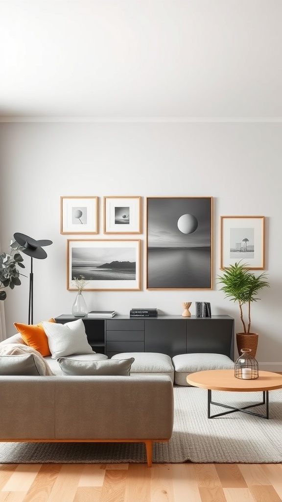 A cozy living room featuring a minimalist wall art display with framed black and white photographs.