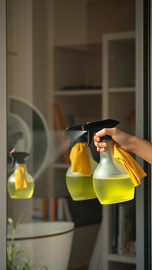 A person cleaning a window with a spray bottle and a yellow cloth.