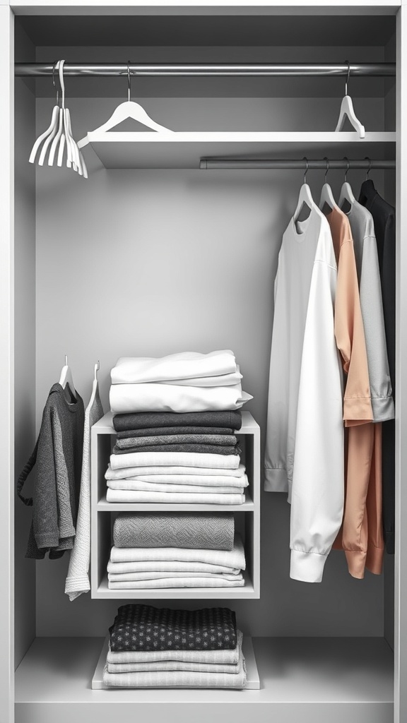 A minimalist closet with neatly hung clothes and organized shelves.