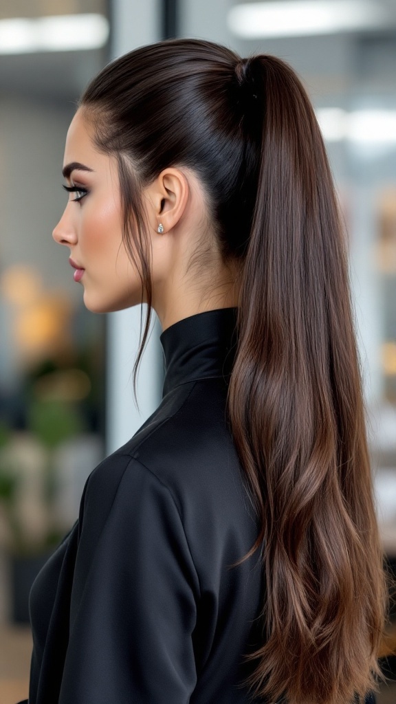 A woman with long hair styled in a sleek half-up ponytail, wearing a black top.