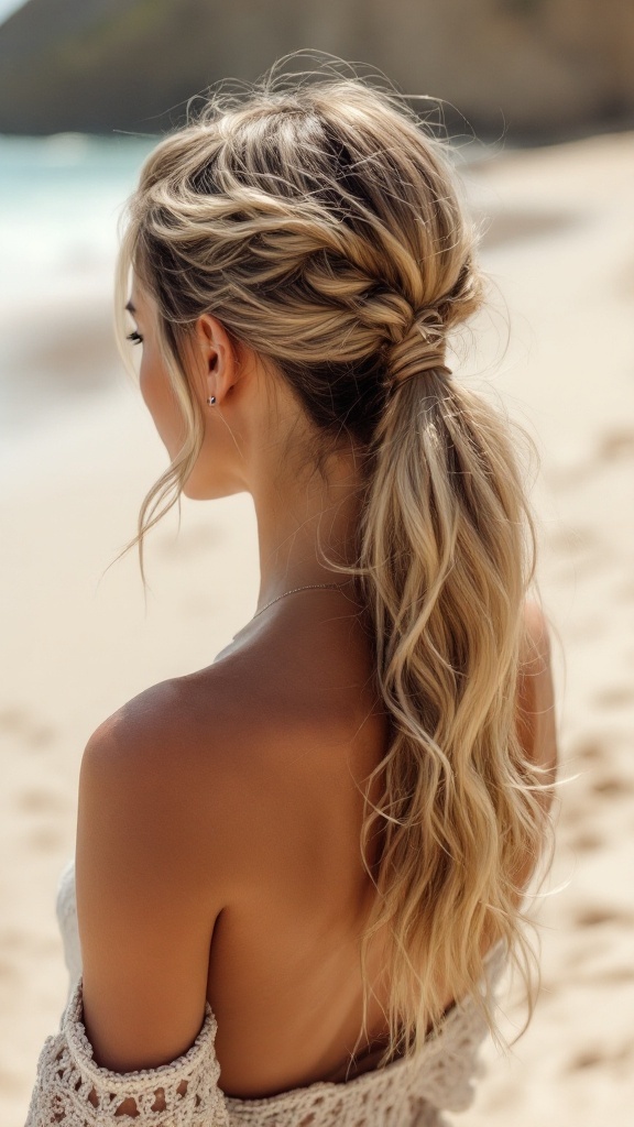 Sleek half-up ponytail with beachy waves hairstyle demonstration.