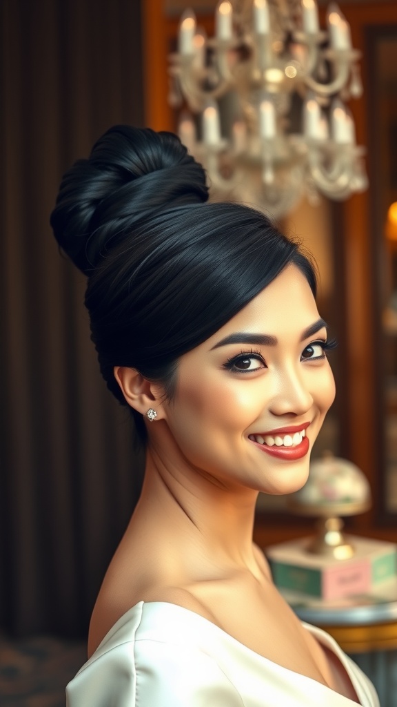 Bride with a sleek high bun hairstyle, showcasing elegance and a radiant smile.