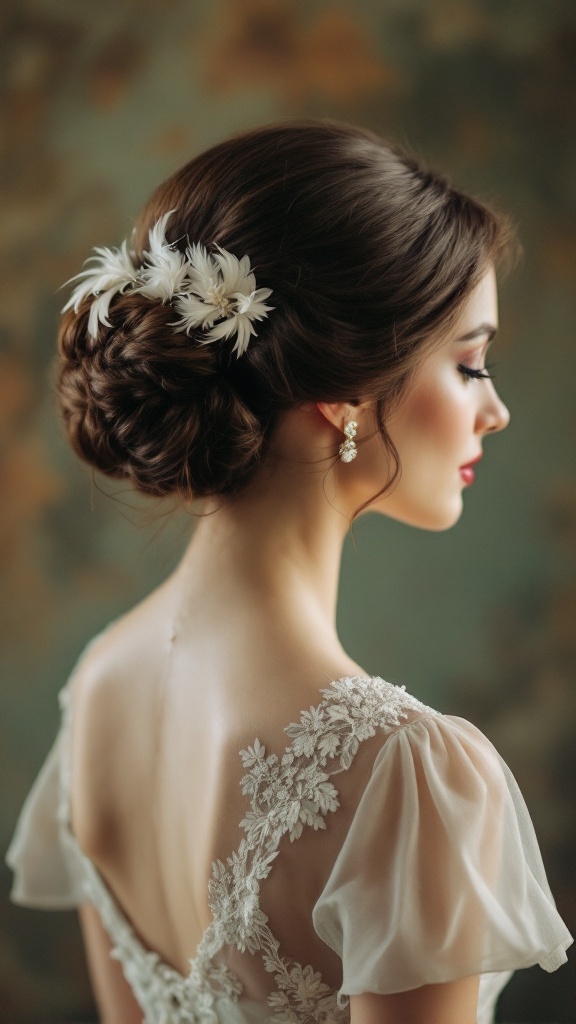 A woman with a sleek side bun adorned with feathers, showcasing a vintage wedding hairstyle.
