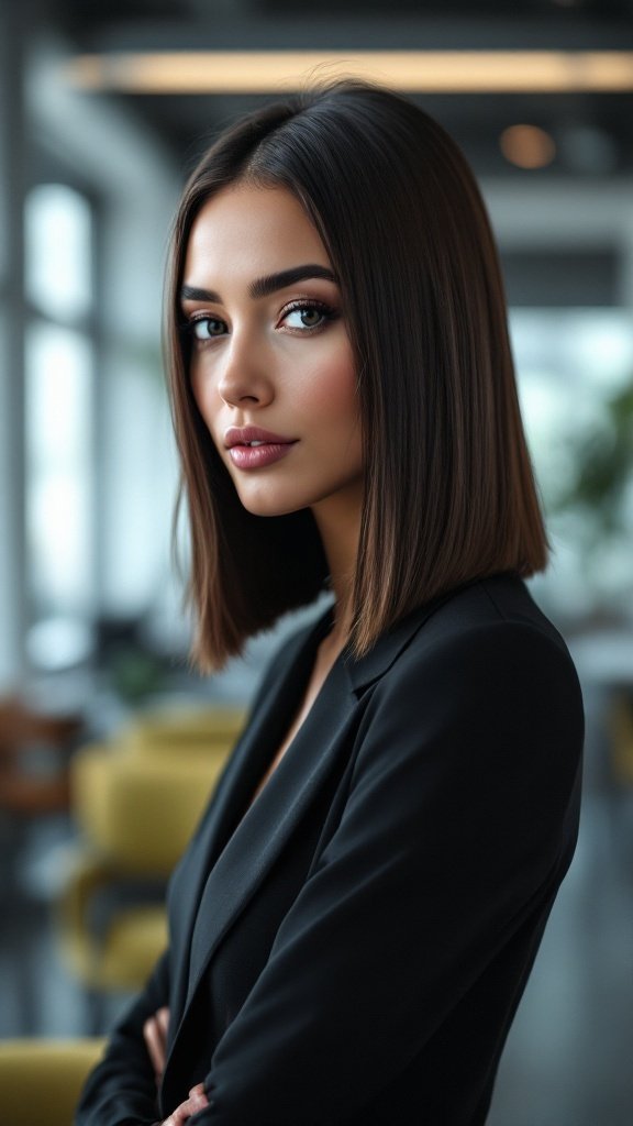 Sleek straight cut hairstyle on a model in a stylish outfit