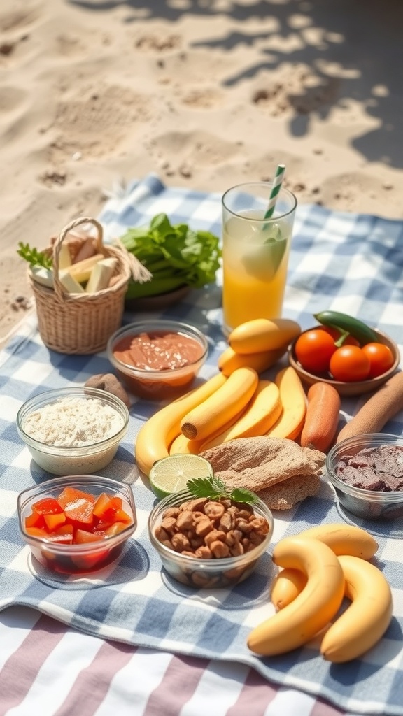 A variety of beach snacks including bananas, nuts, and veggies on a picnic blanket.