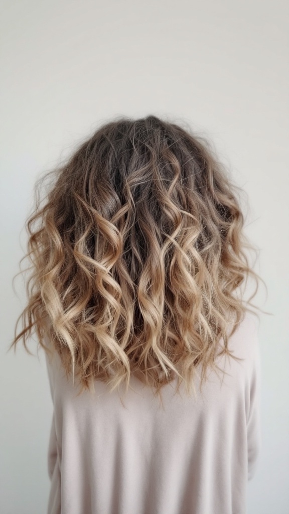 Back view of curly hair with soft balayage highlights