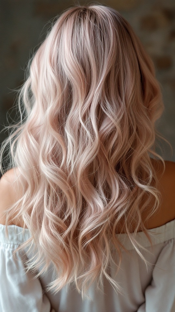 Back view of long, wavy hair in soft blush balayage.