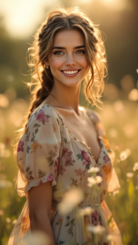 A woman with a soft bohemian braid, smiling in a field of flowers