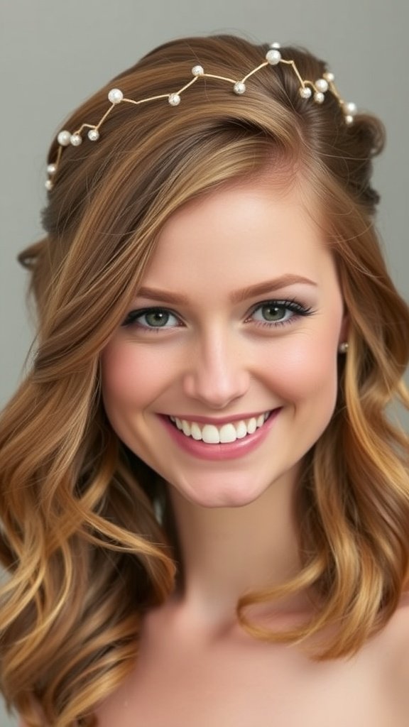 A smiling woman with soft boho waves and a delicate hair vine.